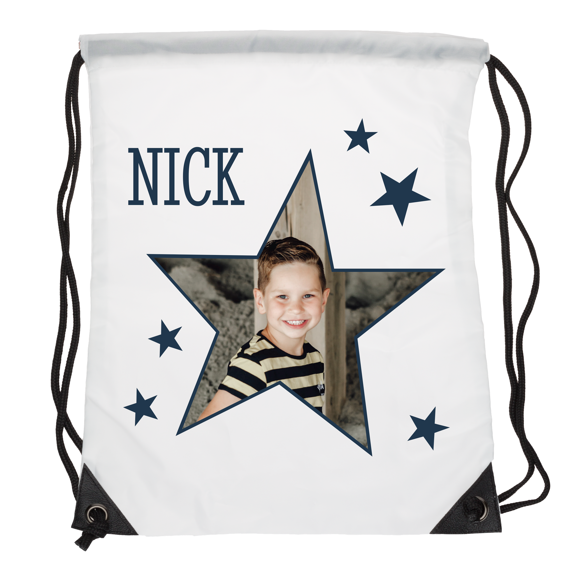 Weißer Turnbeutel mit Namen Nick und einem Foto von einem lächelnden Kind in einem Stern-Design bedruckt