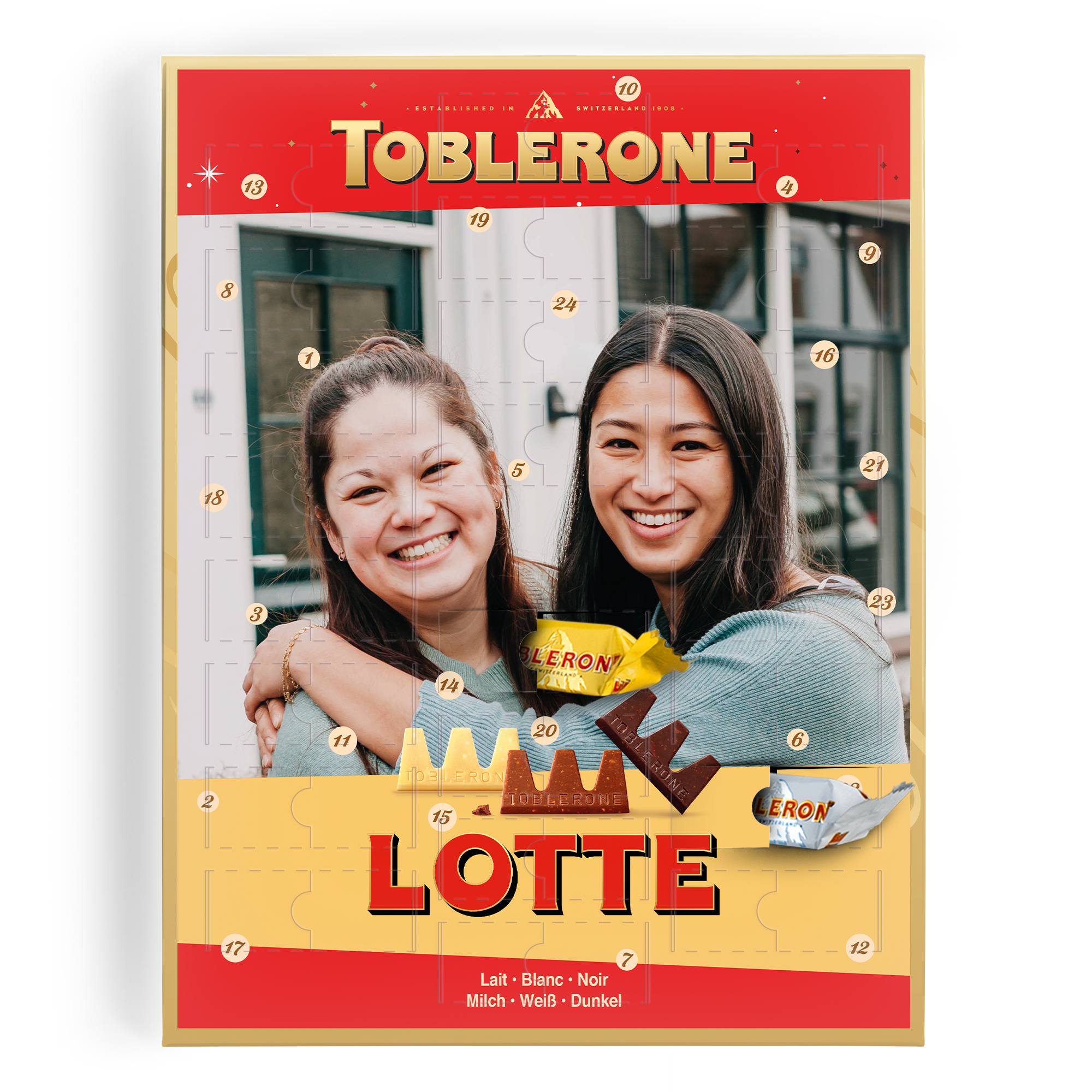 Persoonlijke Toblerone adventskalender met je eigen foto en naam Lotte erop, gedrukt op de kalender, om smullend af te tellen.