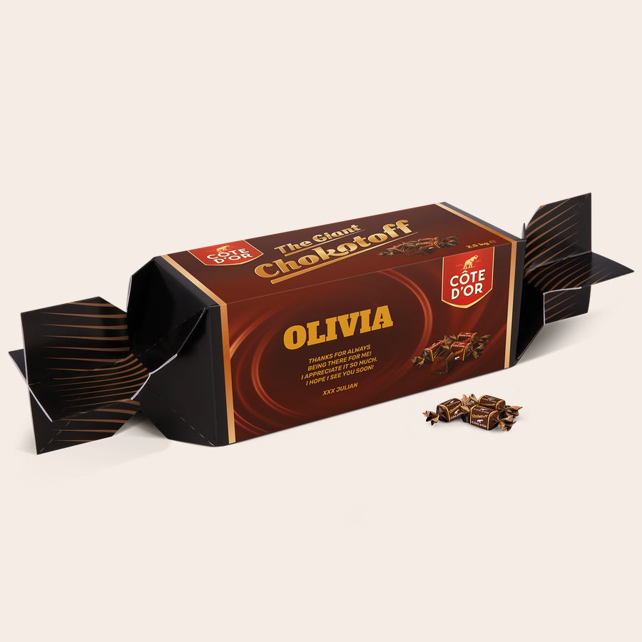 Personalised Chokotoff toffee gift Personalised giant Chokotoff Toffee with Olivia and a message printed on the brown wrapper.