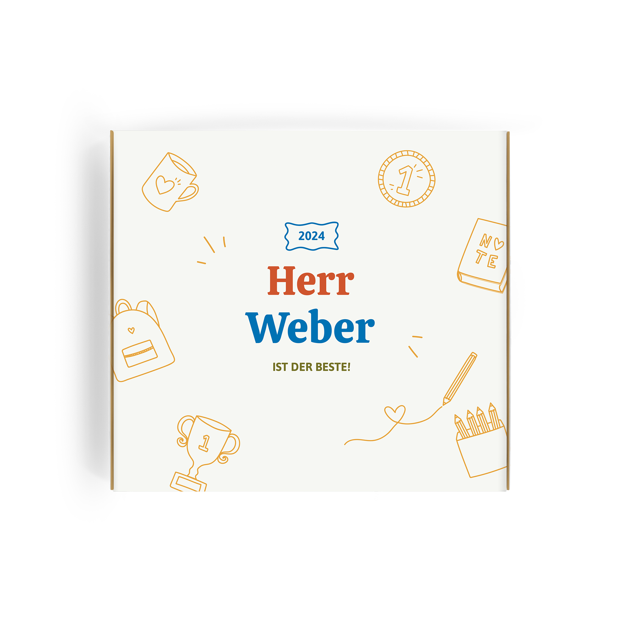 Personalisierte Milka Geschenkbox für Lehrer, bedruckt mit dem Namen Herr Weber und "IST DER BESTE!", umrahmt von Schulmotiven.