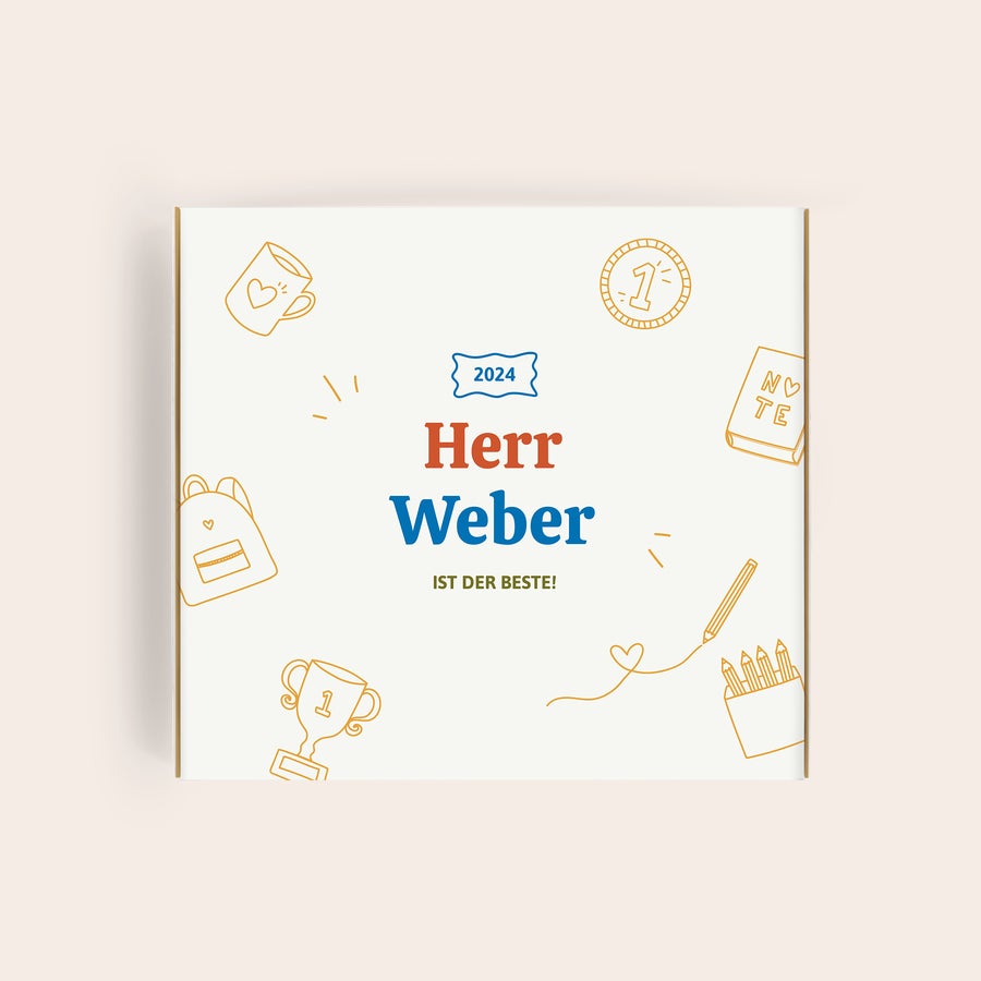 Pralinen Milka Lehrer Personalisierte Milka Geschenkbox für Lehrer, bedruckt mit dem Namen Herr Weber und "IST DER BESTE!", umrahmt von Schulmotiven.