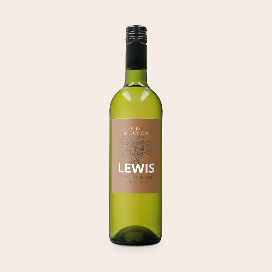 Belvy Botella de vino blanco Belvy con etiqueta personalizada, impresa con el nombre "LEWIS" y un diseño de uvas.