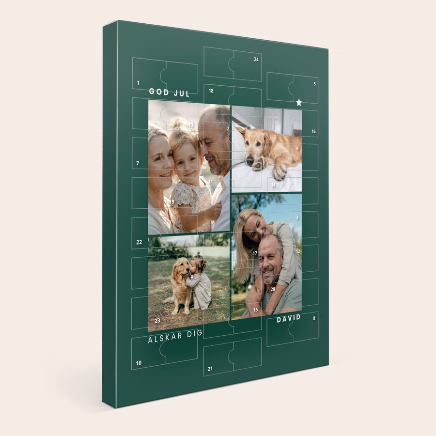 Personliga Adventskalender - Toblerone 2025 Räkna ned till jul med denna personliga adventskalender med familjefoton och texten GOD JUL ÄLSKAR DIG och DAVID, tryckt på framsidan.