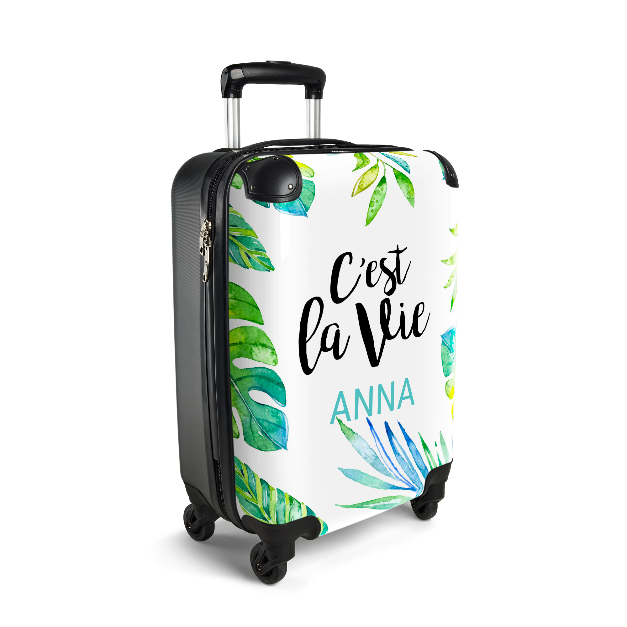 Mala de viagem Princesa super leve com estampa tropical, nome Anna e frase C'est la Vie