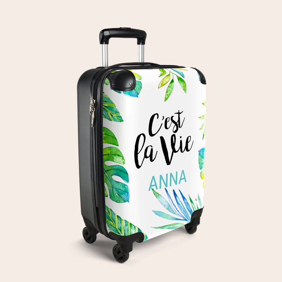 Valise photo personnalisée - Format cabine Valise cabine personnalisée C'est la vie avec nom Anna et imprimé feuilles tropicales