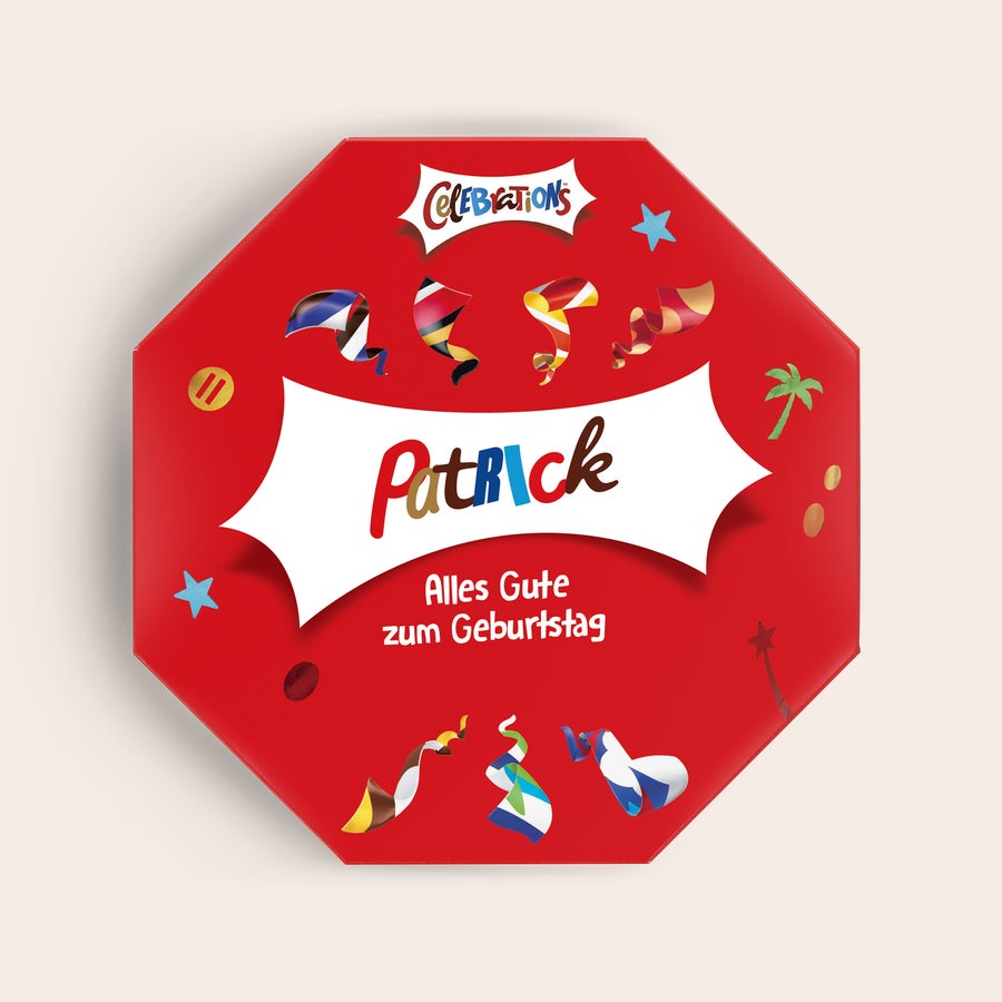Celebrations Chocolate Box mit Namen Rote Celebrations Box mit dem Namen Patrick und dem Text Alles Gute zum Geburtstag bedruckt