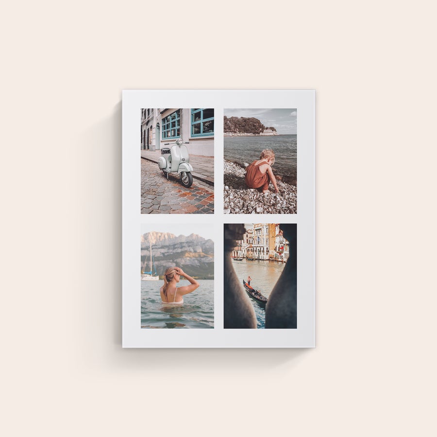 Foto op canvas Canvas met collage van vier persoonlijke fotos, drukken op schilderslinnen