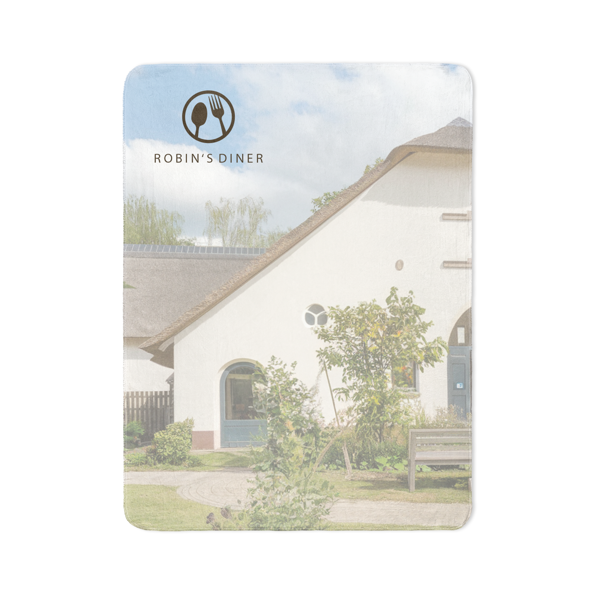 Custom fleece photo blanket printed with an outdoor scene featuring a white house, green foliage, and blue sky, with a &quot;Robin&#x27;s Diner&quot; logo at the top.