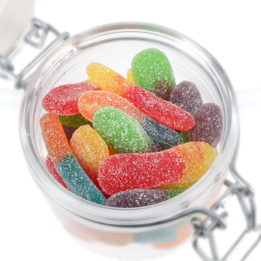 Borcan de dulciuri personalizat Borcan dulci personalizat cu bastoane acrișoare colorate, pentru un deliciu picant unic