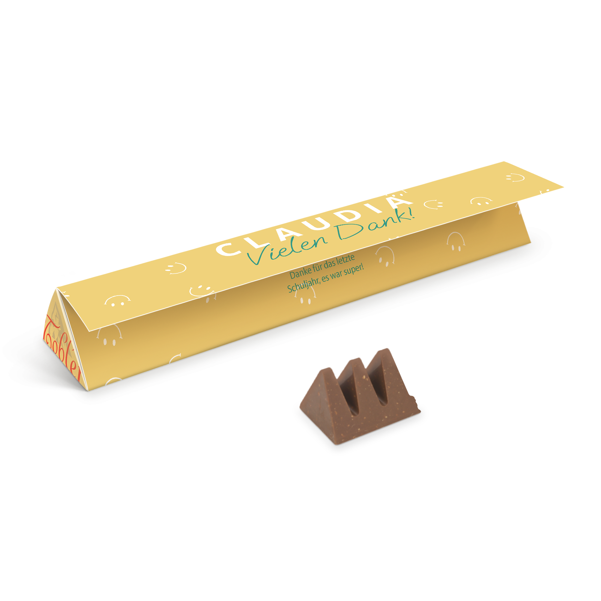 Personalisierte Toblerone Schokolade mit Namen Claudia und der Aufschrift "Vielen Dank!" auf der bedruckten Verpackung.