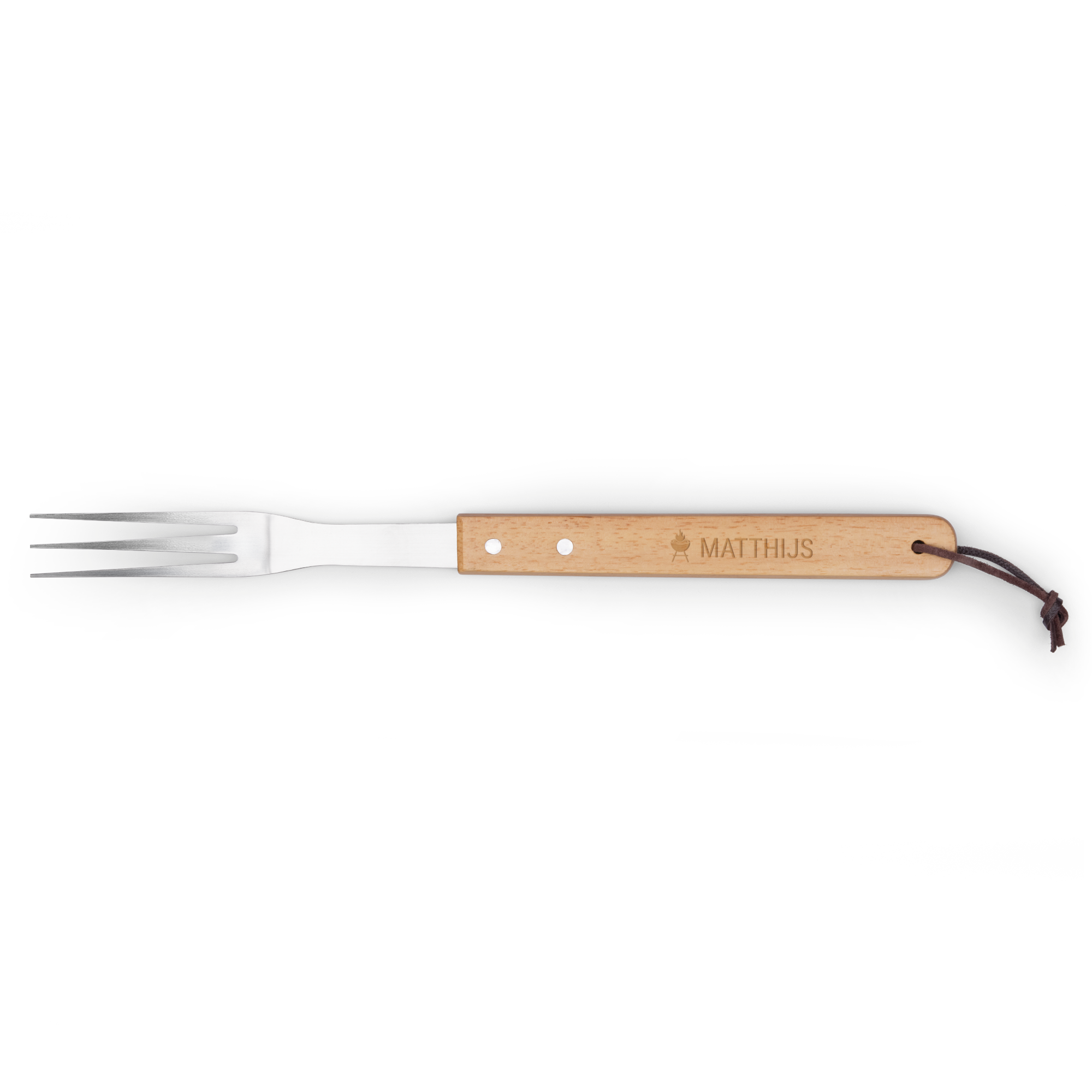 Houten barbecuevork met de naam 'Matthijs' en barbecue-icoon, gegraveerd in de steel, perfect voor een barbecuefan.