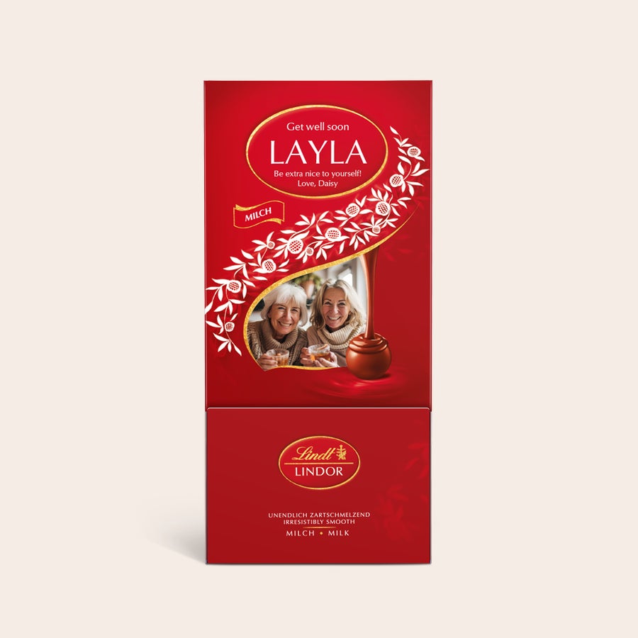 Lindt Dispenser Caixa de presente personalizada de chocolate Lindt, impressa com foto, nome Layla e mensagem.