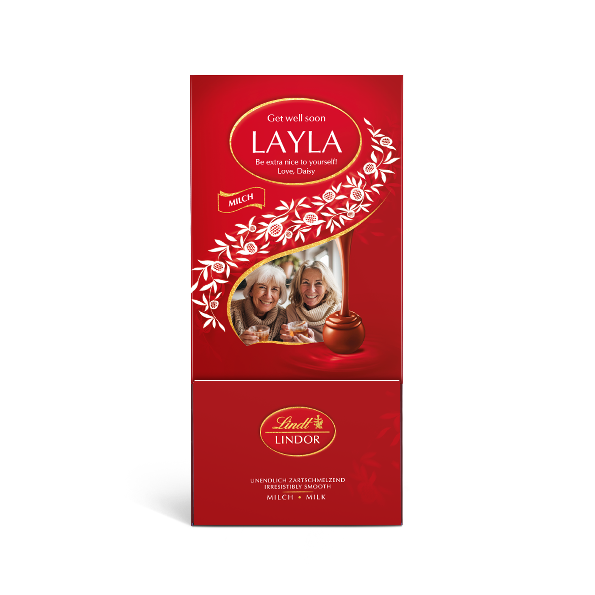 Rdeča personalizirana darilna škatla čokolade Lindt s fotografijo, imenom Layla in voščilom.