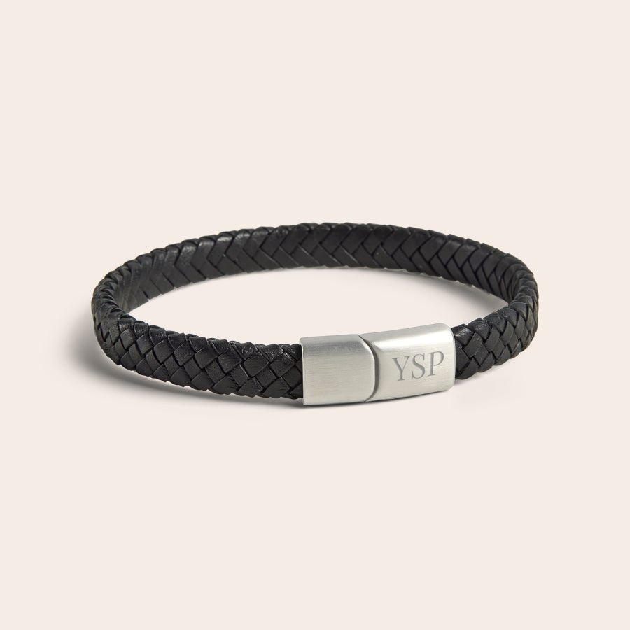 Lederarmband Personalisiert Schwarzes geflochtenes Lederarmband für Männer, mit Edelstahlverschluss "YSP" graviert