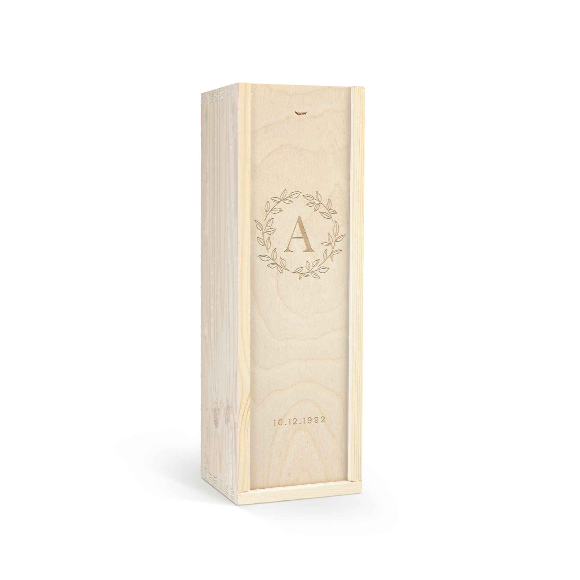 Coffret en bois pour vin chaud, gravé avec la lettre A dans une couronne de laurier et la date 10.12.1992.