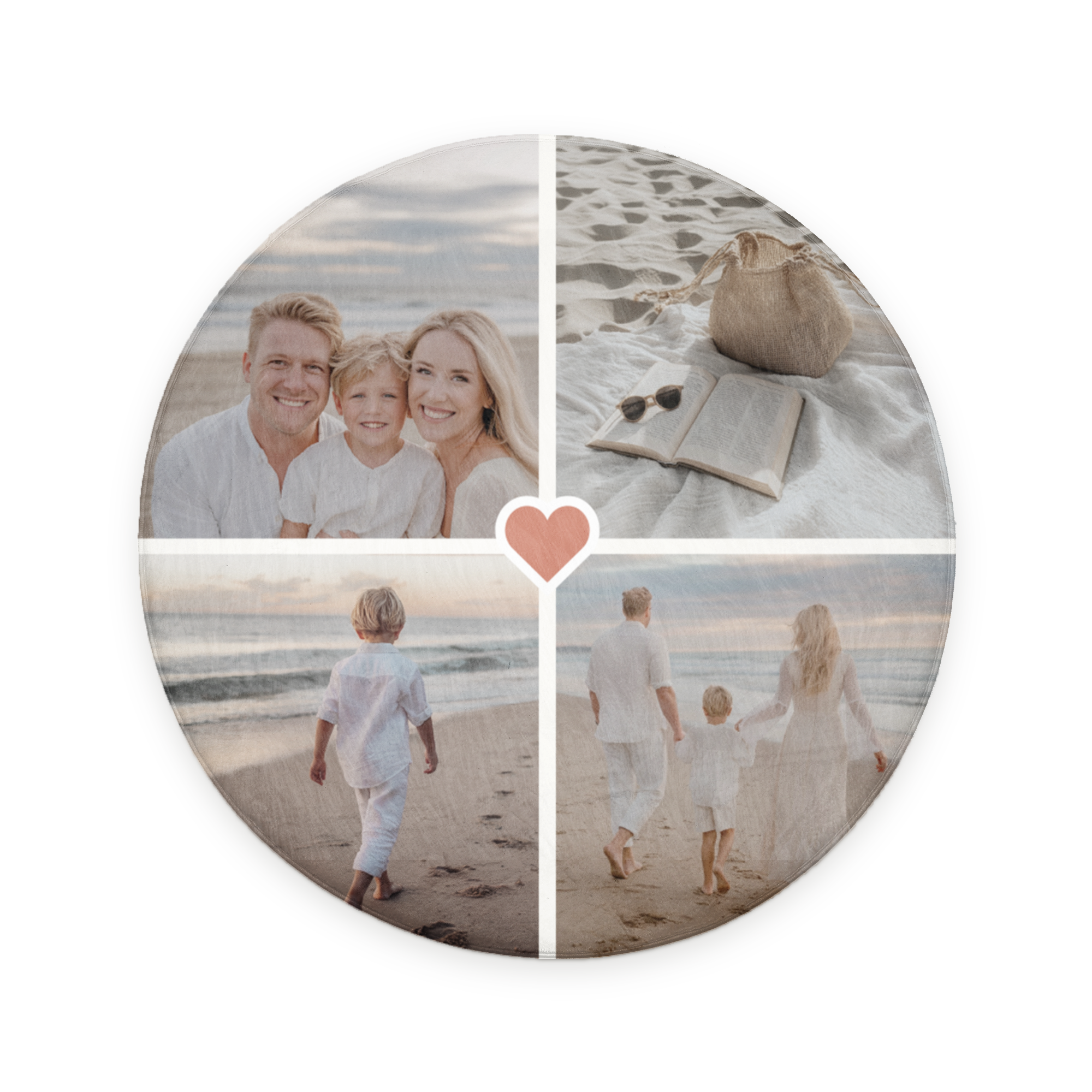 Runde Badematte, bedruckt mit einer Fotocollage aus Familienbildern und einem Herz, zur persönlichen Oase