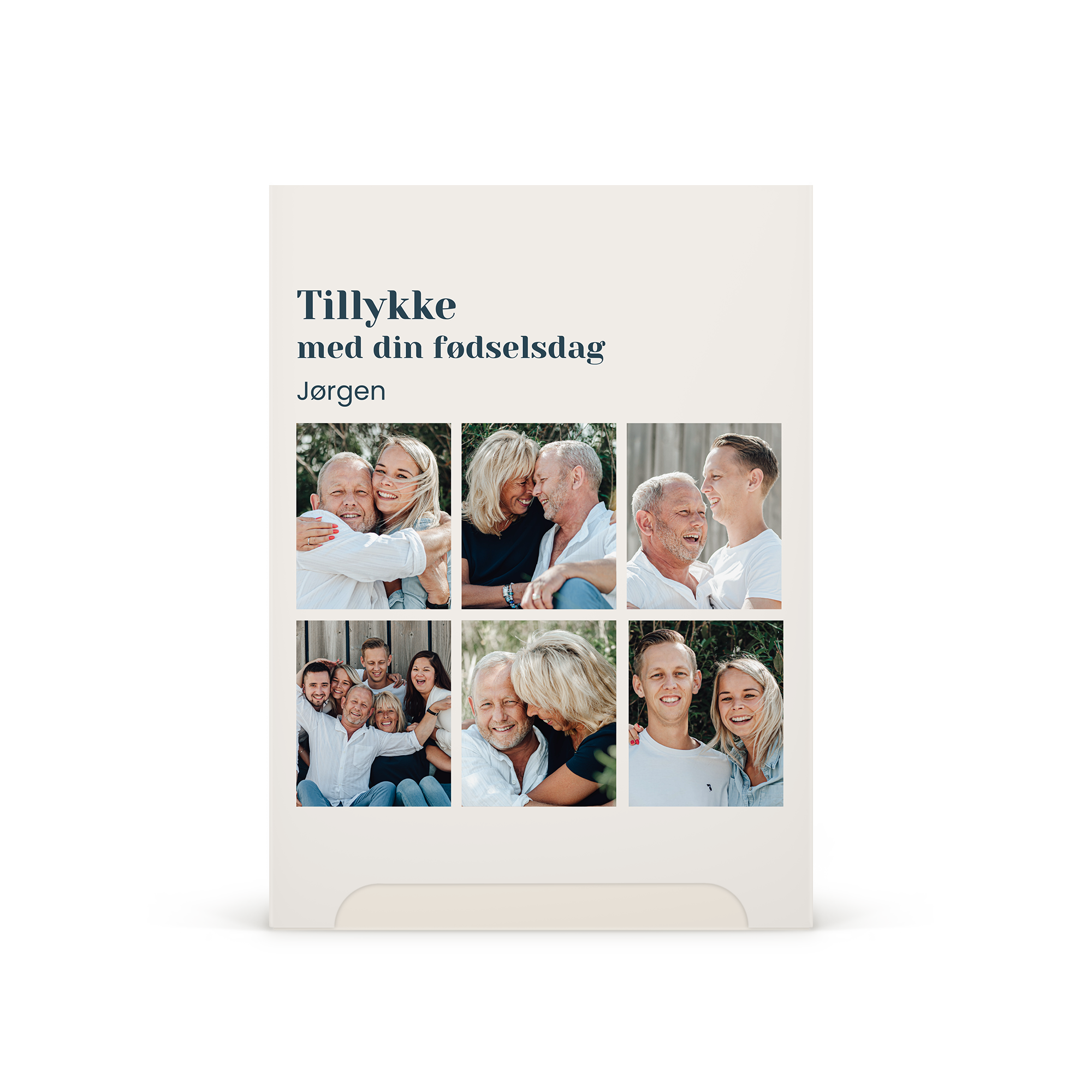Hjemmespa-sæt med personlig sleeve, printet med seks familiebilleder og teksten Tillykke med din fødselsdag Jørgen