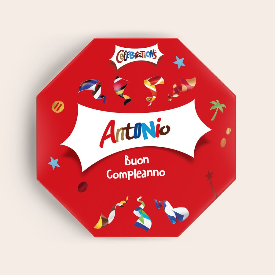 Celebration box con nome Celebration box personalizzata rossa con nome Antonio e Buon Compleanno, stampata con stelle e coriandoli