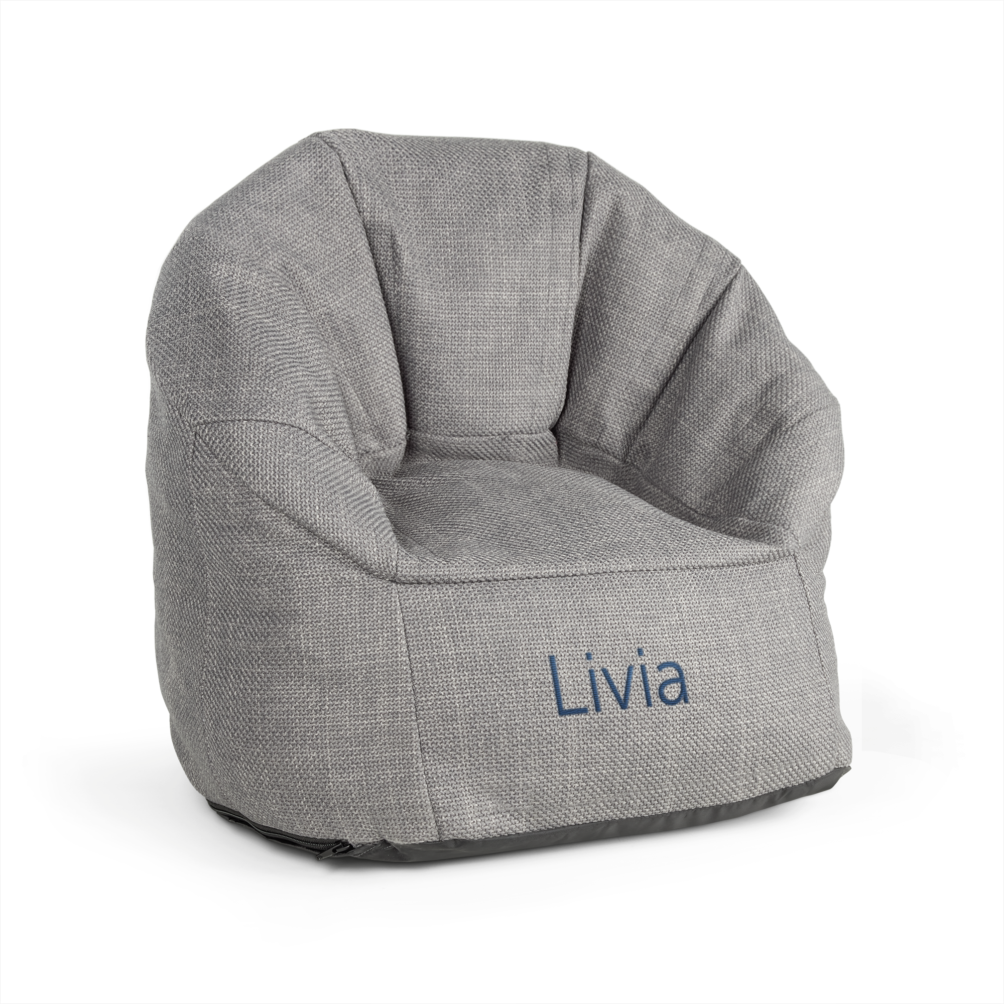Grauer Kindersitzsack, bestickt mit dem Namen Livia in Blau, aus Leinen- und Oxford-Gewebe
