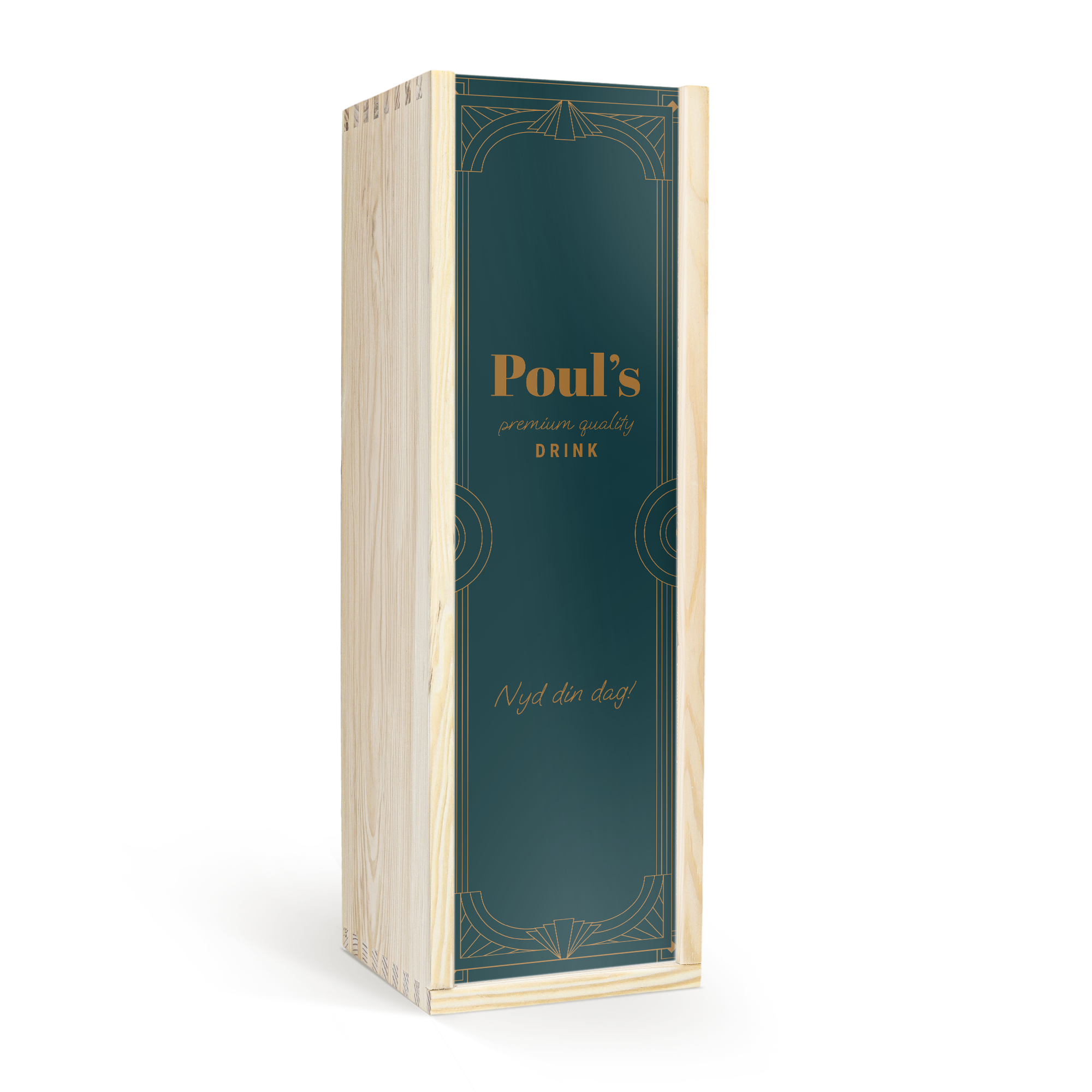 En personlig Highland Park 12 års whisky i trækasse, med Poul's navn og teksten Nyd din dag! trykt på låget.
