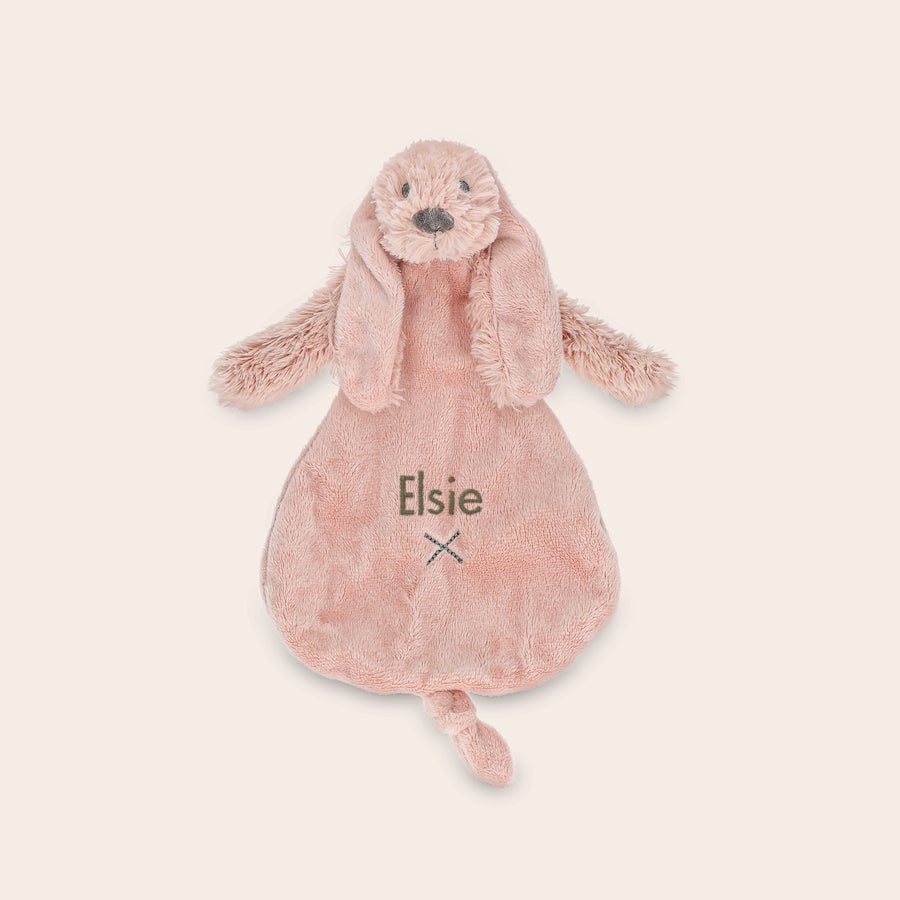 Iepure personalizat Richie baby tuttle Pluș Iepurașul Richie roz cu numele Elsie brodat și două cusături în X, cadou personalizat.