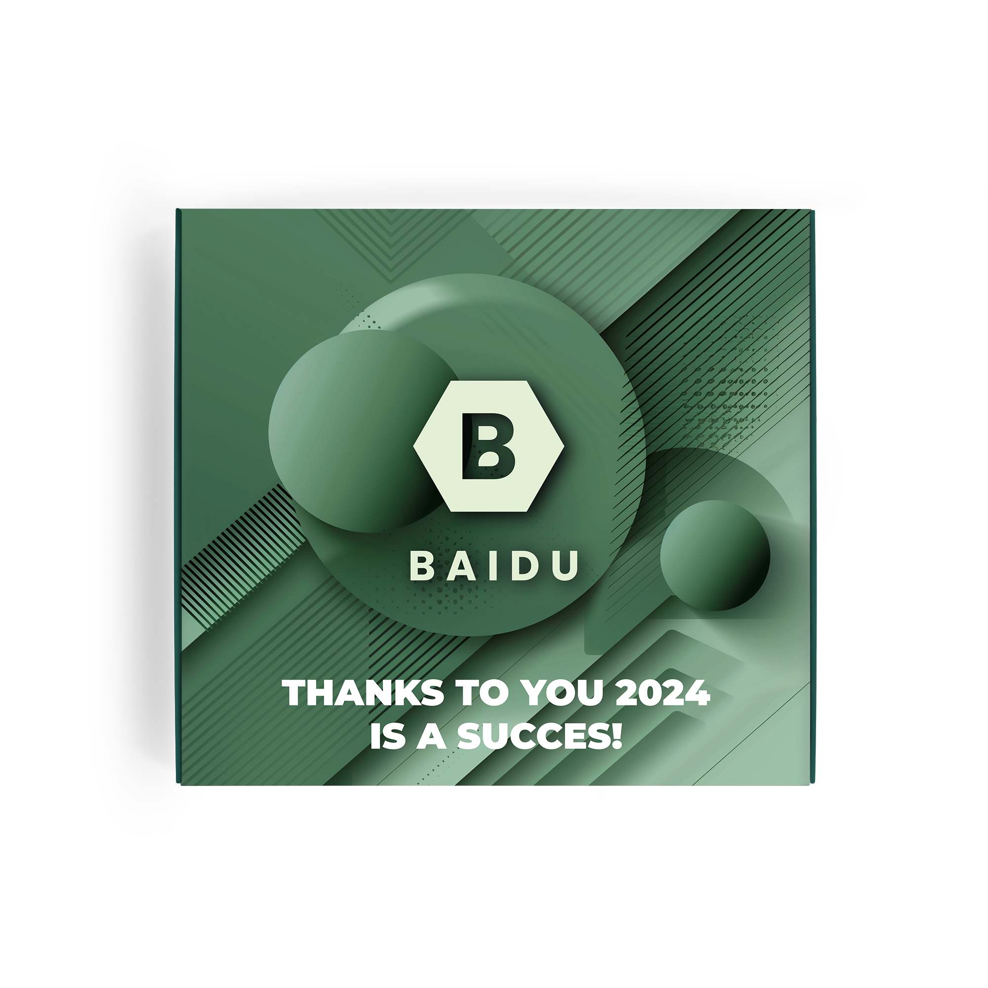 Personalizovaná darčeková krabička Milka so zeleným dizajnom, logom Baidu a textom Thanks to you 2024 is a succes, tlačená s vlastným dizajnom. Prekvapte niekoho na Vianoce.