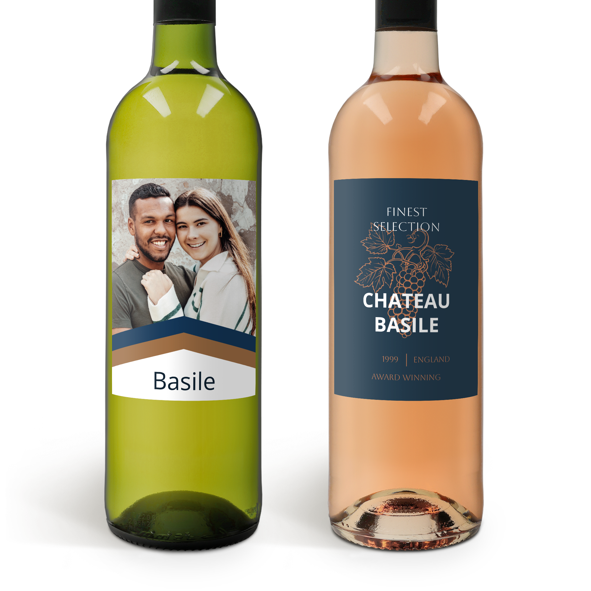 Vinho branco e rosé Belvy com rótulos personalizados, incluindo uma foto impressa e o nome Basile