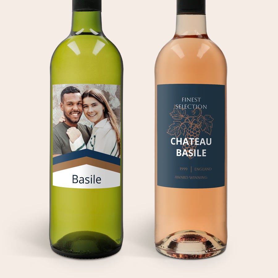 Dárkový set - Belvy - Červené, růžové a bílé Dárková sada bílého a růžového vína Belvy s personalizovanými etiketami, jednou s fotografií páru a jménem Basile