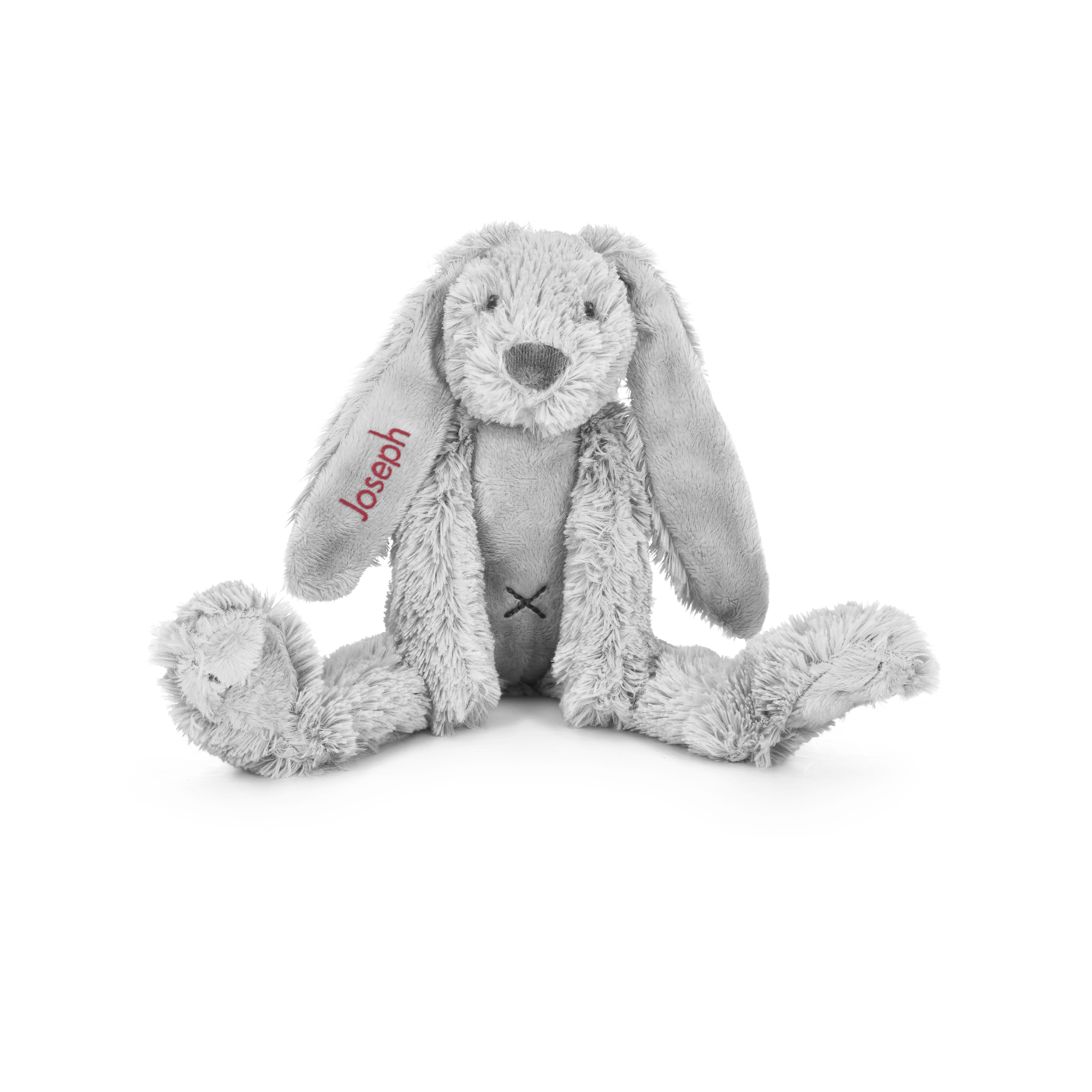 Peluche personalizzato Tiny Rabbit Richie grigio ricamato con il nome Joseph in rosso sull'orecchio
