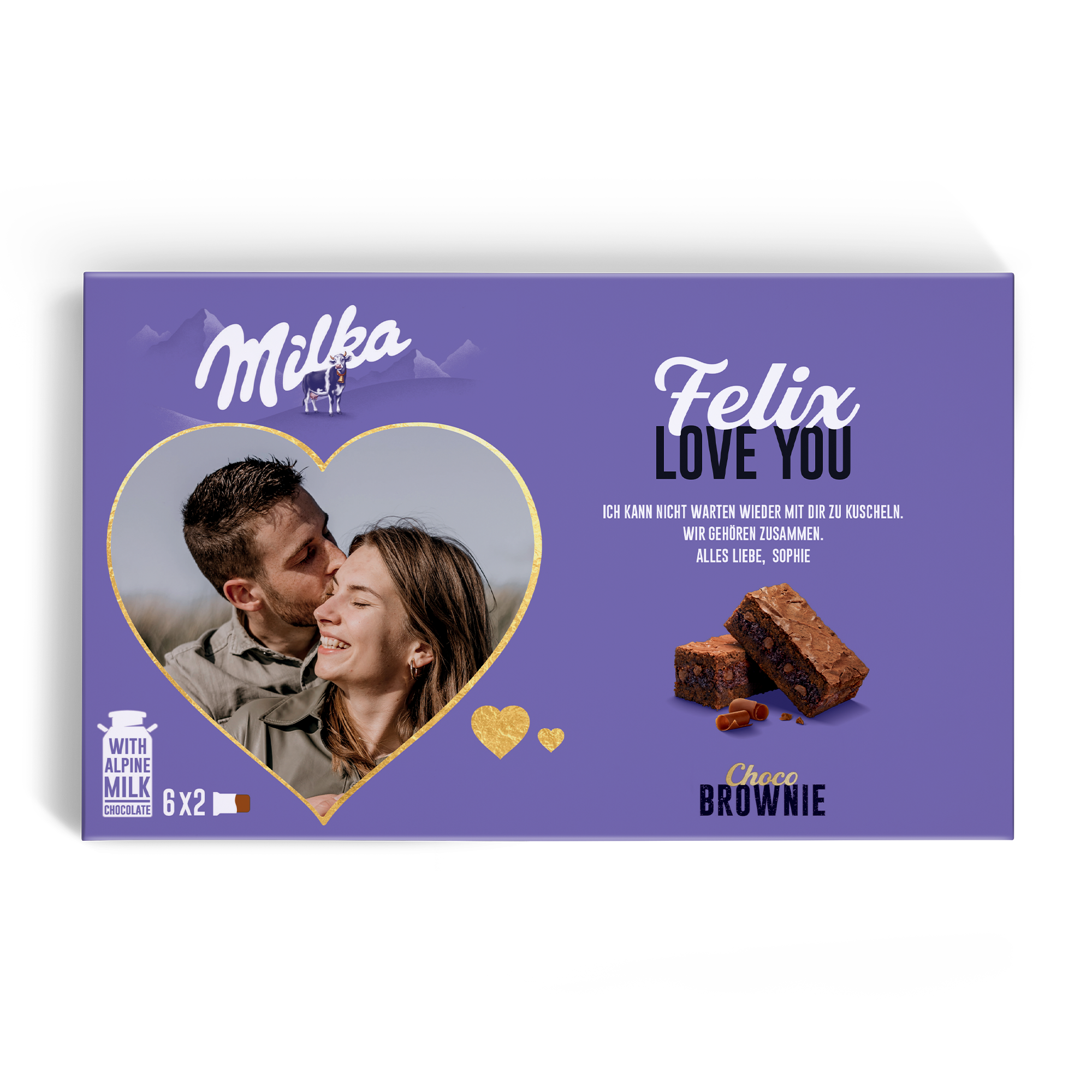 Milka Choco Brownie-Geschenkbox in Lila, personalisiert mit einem Foto eines Paares im Herzrahmen, dem Namen Felix und einer gedruckten Nachricht.