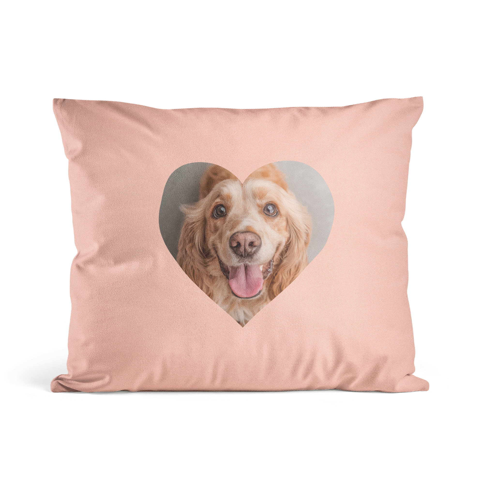 Zacht roze super zacht bedrukt kussen met een hartvormige foto van een vrolijke hond, personaliseerbaar
