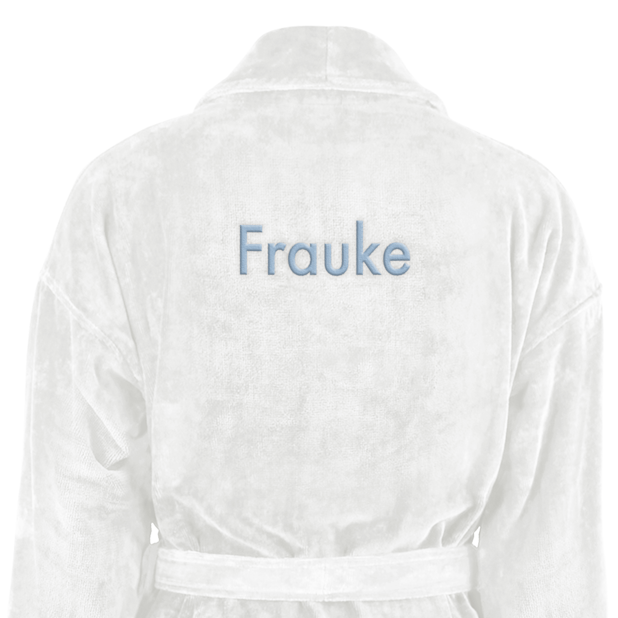 Weißer Frottee-Bademantel, bestickt mit dem Namen "Frauke" in hellblauer Schrift für Ihr eigener Bademantel mit Namen bestickt!