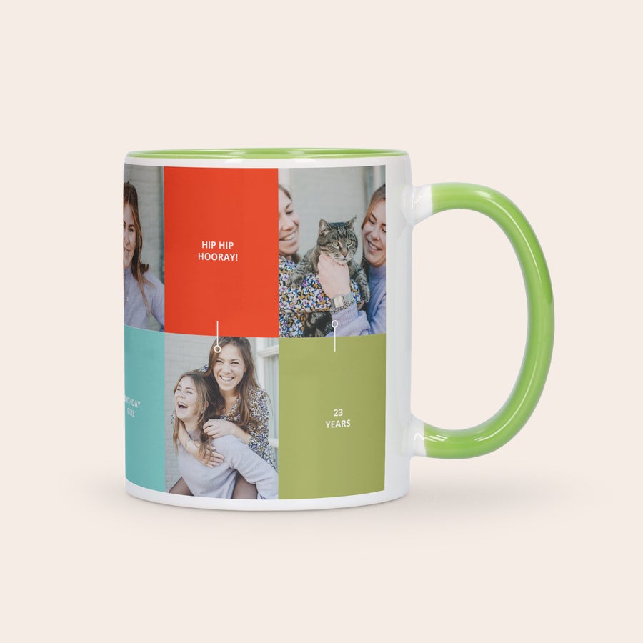 Caneca colorida Personalizada Caneca personalizada com fotos impressas e detalhes verdes, ideal para o seu amante de café.