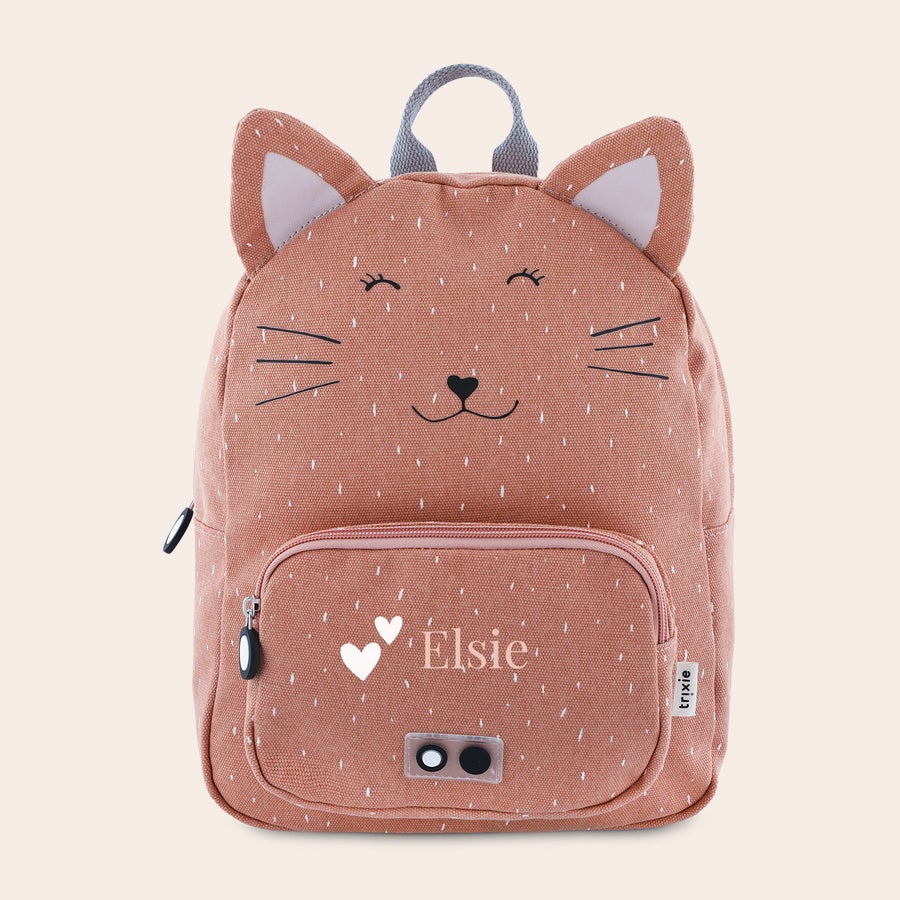 Mochila infantil personalizada - Trixie Mochila infantil rosa de gato Trixie con el nombre Elsie impreso.