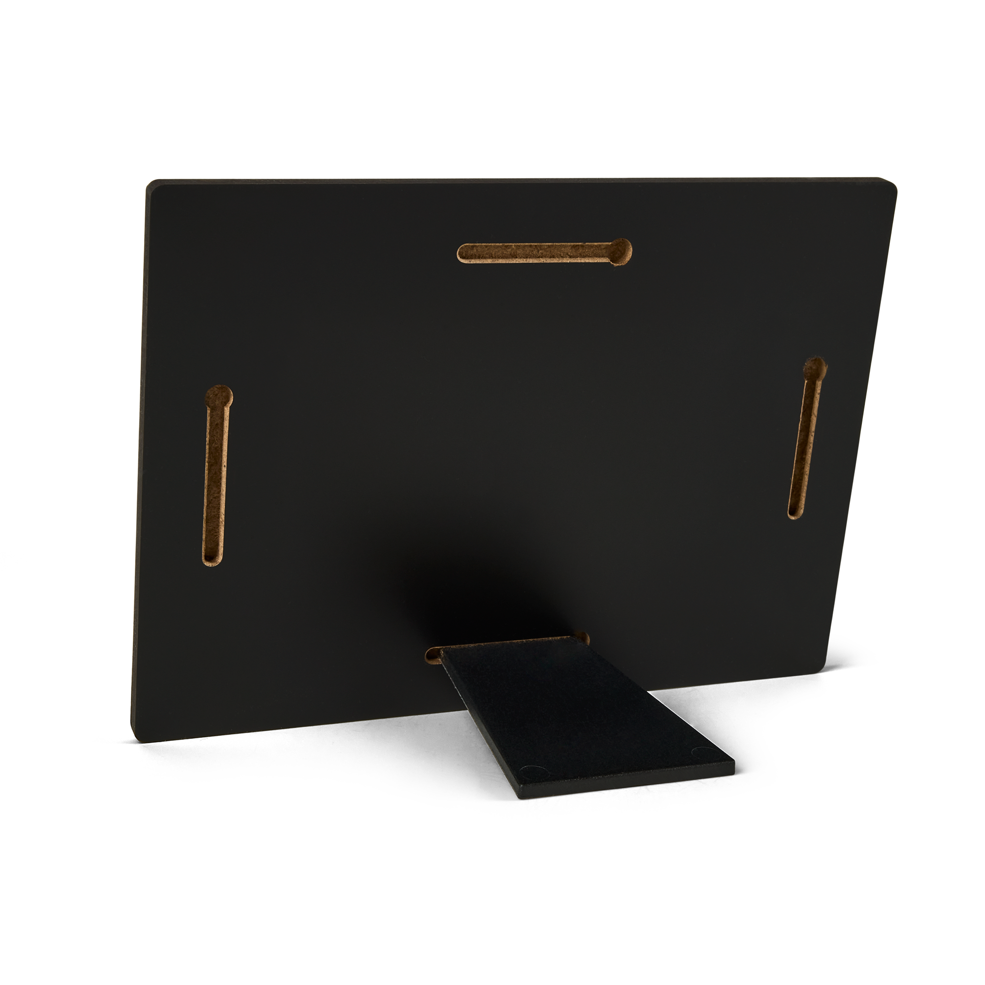 Back view of a black hardboard photo stand with an attached easel, ready for your best picture printed on it.