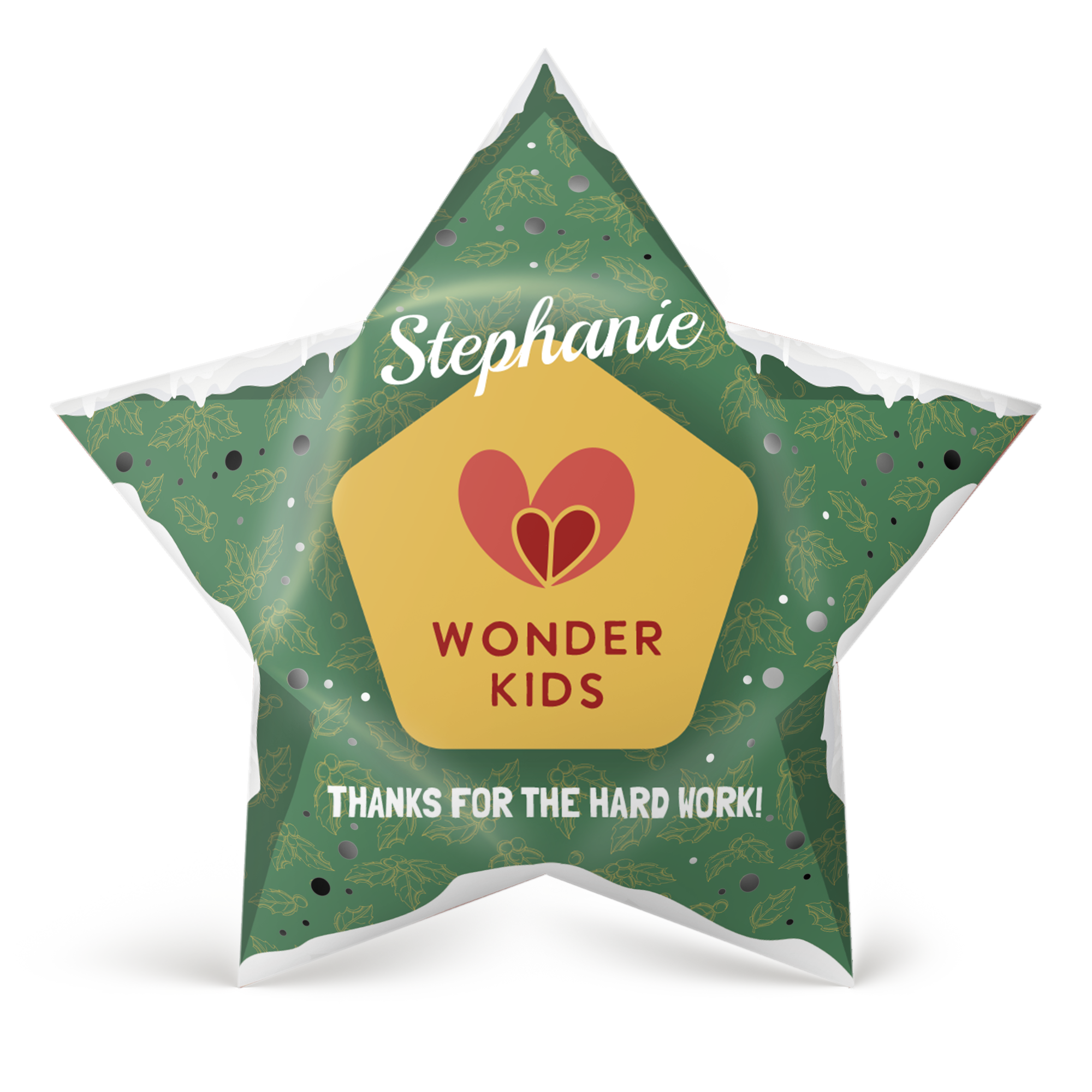 Zelená vianočná papierová hviezda s potlačou mena Stephanie a loga s nápisom Wonder Kids. Rozžiarte sviatky osobným dotykom.