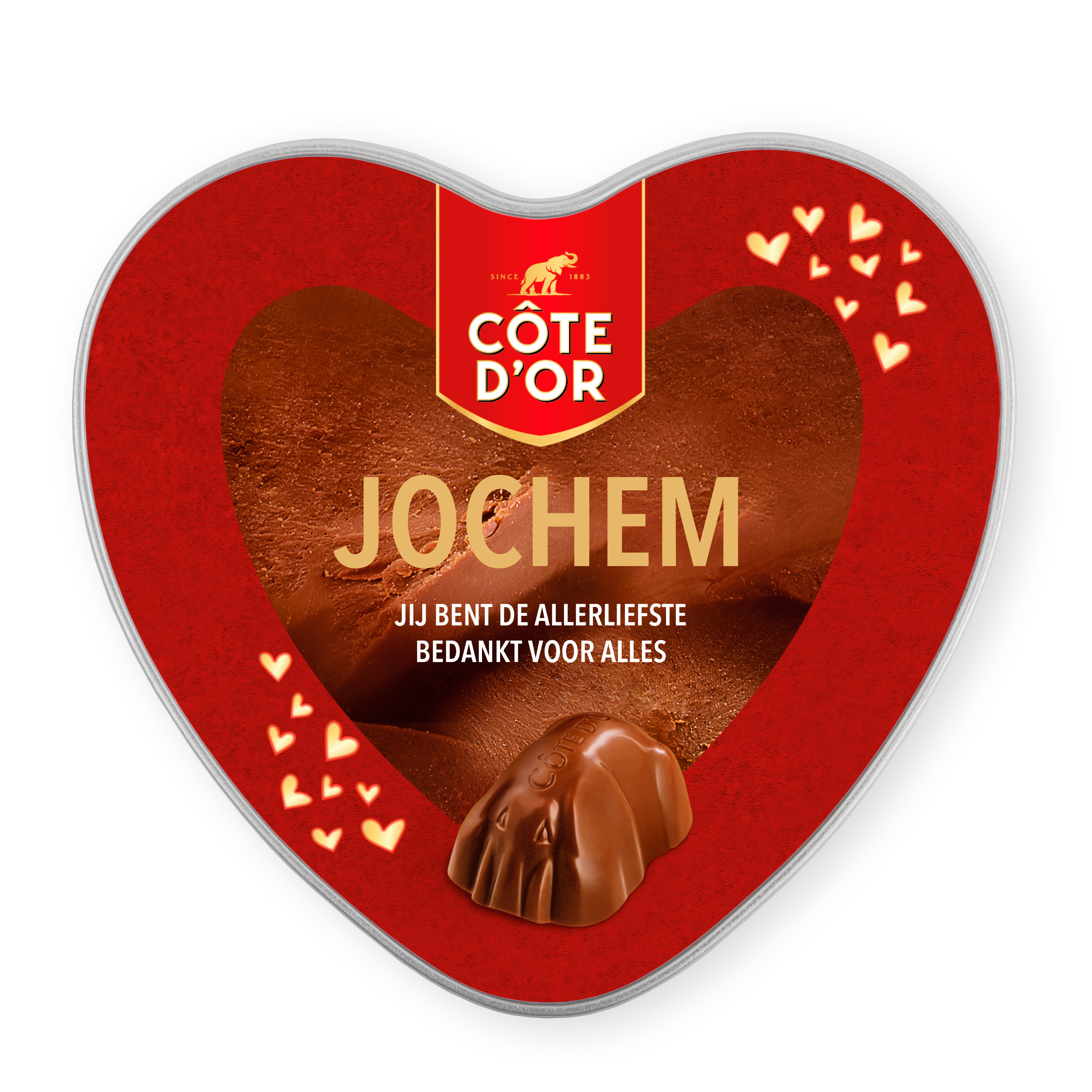 Rode Côte d’Or Mini Bouchée Chocolade Box met naam - Hart, bedrukt met de naam Jochem en persoonlijke tekst.