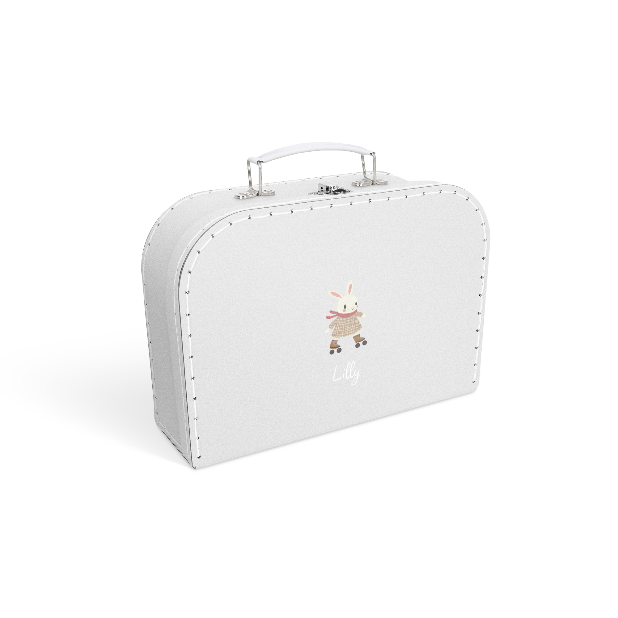 Grijze kinderkoffer bedrukken met schattig konijntje en de naam Lilly. Personaliseer deze middelgrote kinderkoffer met eigen tekst en ontwerp.
