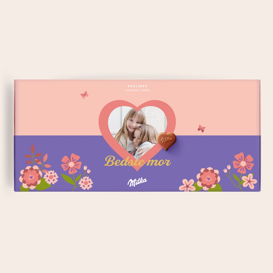Milka Pralines Mors dag Sig det med Milka til Mors Dag med en personlig chokolade gaveæske trykt med billede af to piger og teksten Bedste mor