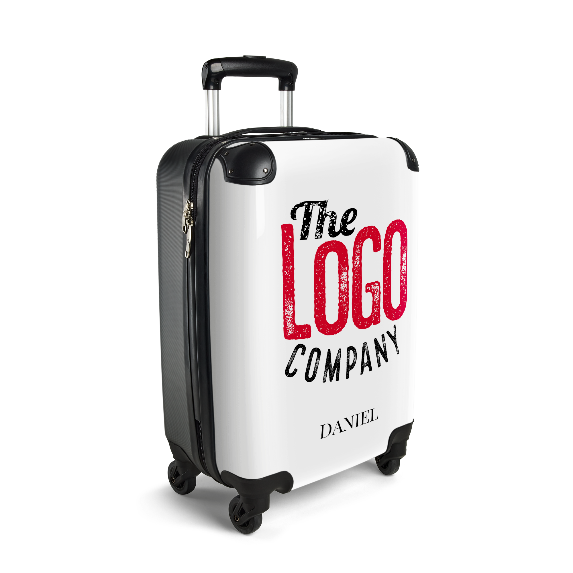 Personalized white Princess lightweight suitcase with black trim and a printed photo of "The Logo Company" and the name "Daniel" below