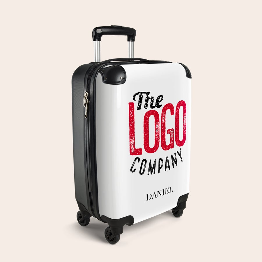 Valise photo personnalisée - Format cabine Valise cabine personnalisée blanche avec le texte The Logo Company et le nom Daniel imprimés