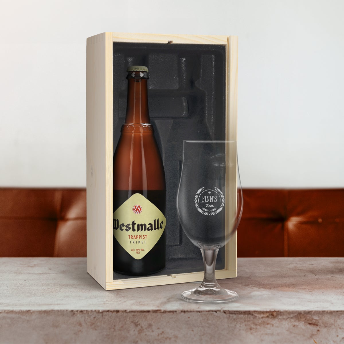 Øl gaveæske med indgraveret glas - Westmalle tripple