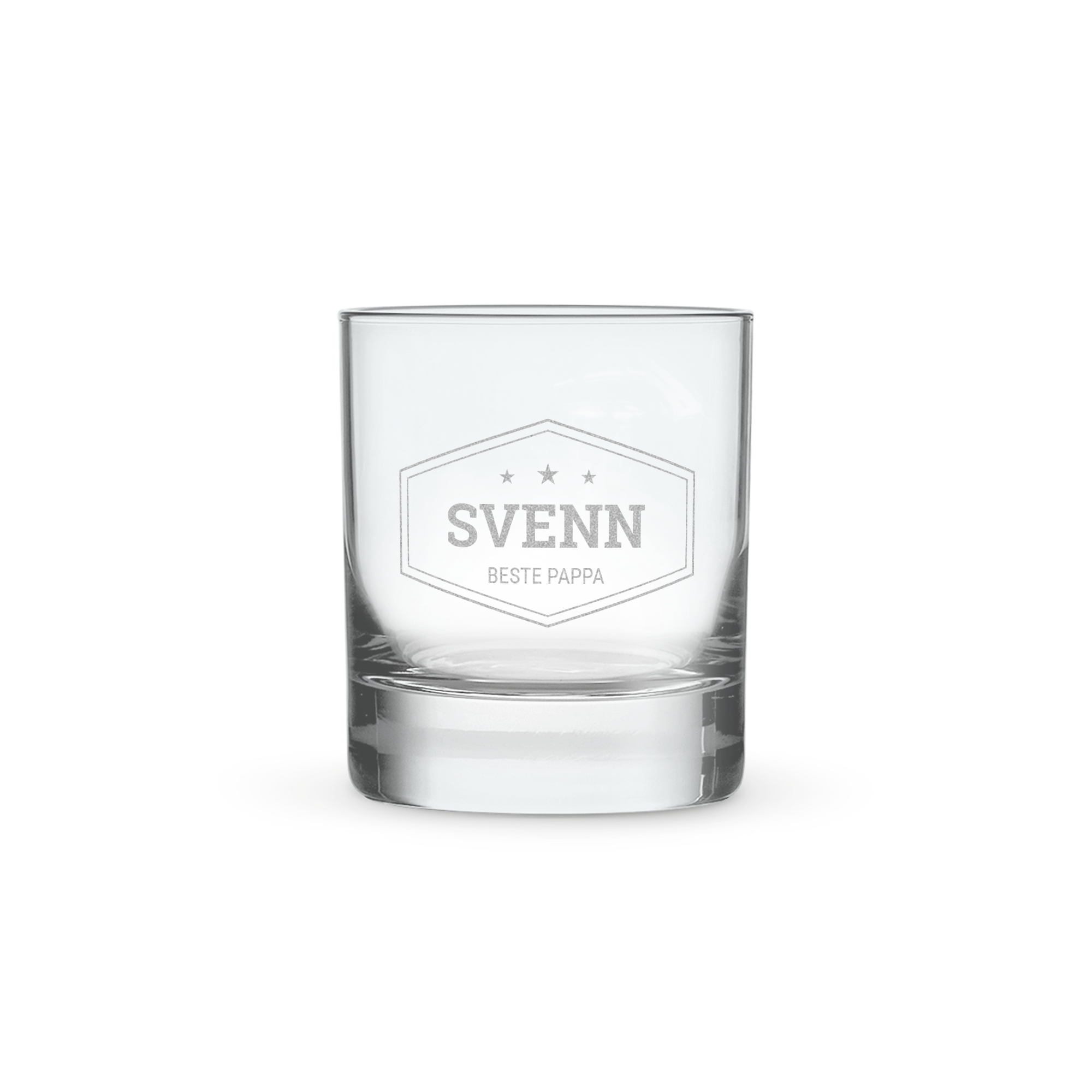 Brennevinsglass gravert med navnet SVENN og teksten BESTE PAPPA i en ramme med stjerner