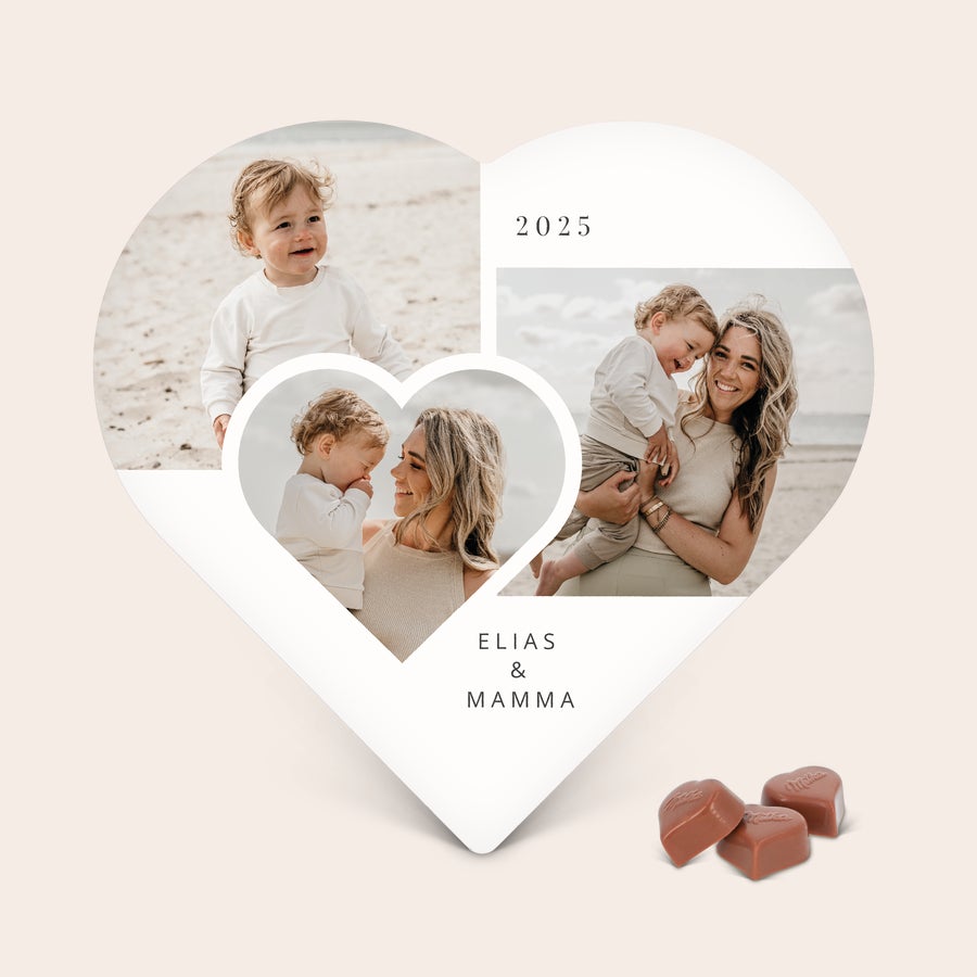 Milka sjokoladehjerte Hjertesjokoladeboks med personlig bilde, trykt med navnene "Elias & Mamma" og datoen "2025".