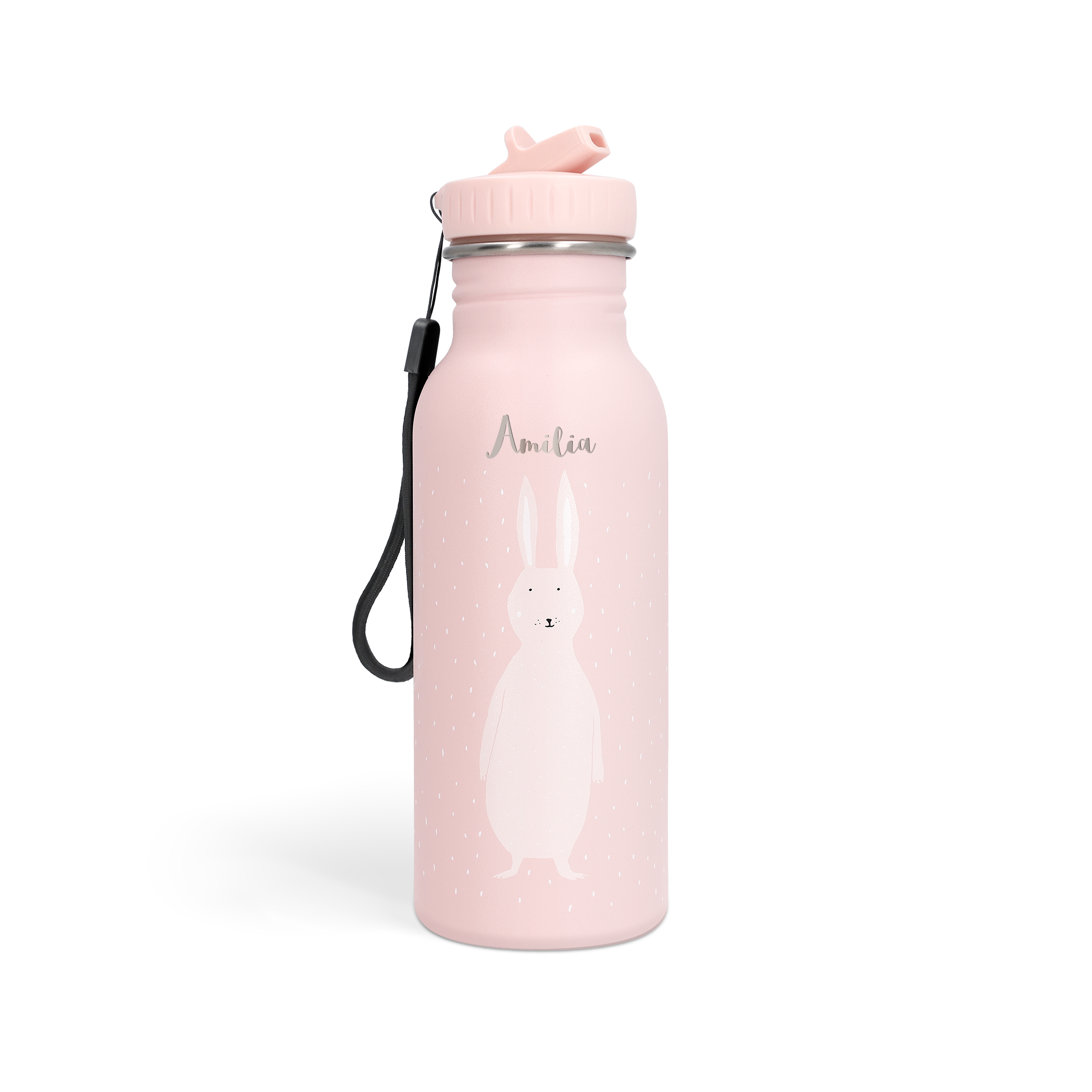 Personalisierte Trinkflasche mit Namen Amelia und einem Hasenmotiv, graviert in Rosa