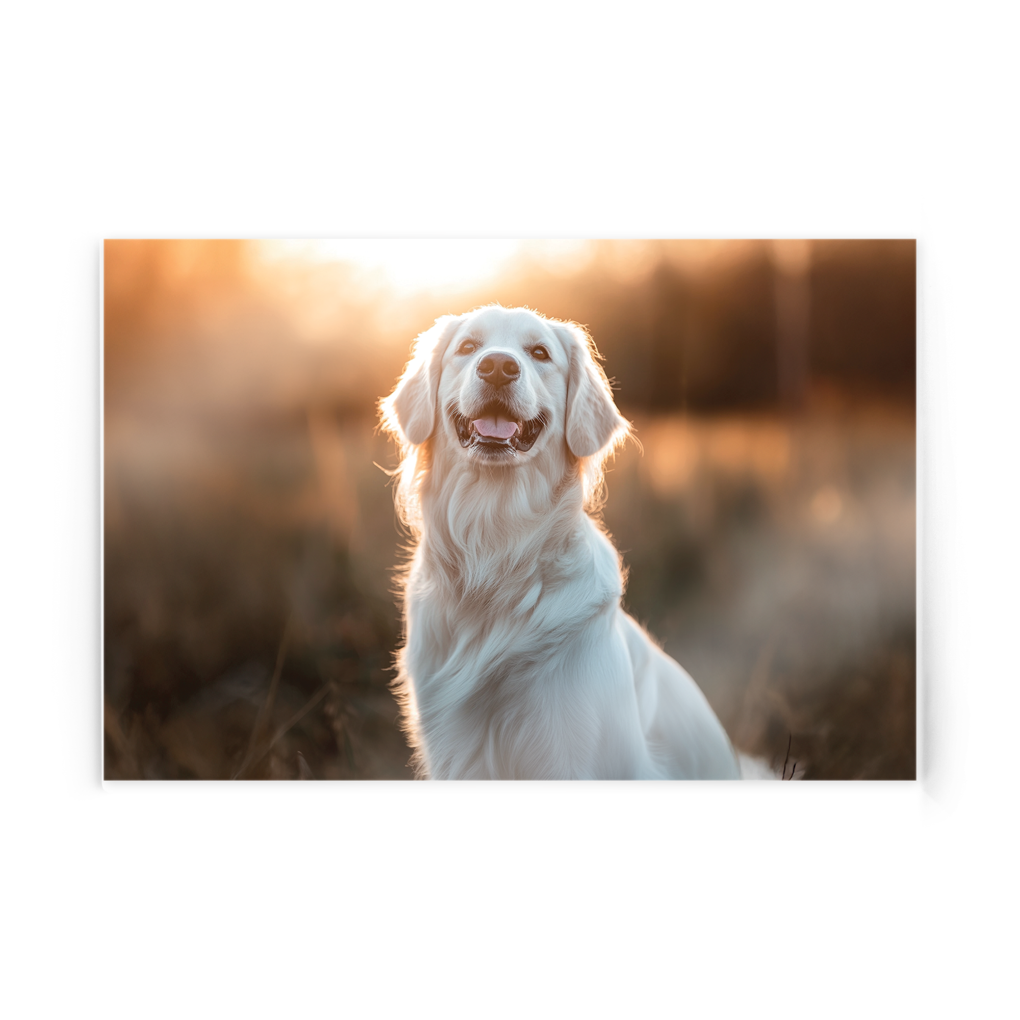 Foto op plexiglas van een blije golden retriever in het zonlicht, gepersonaliseerd met eigen foto.