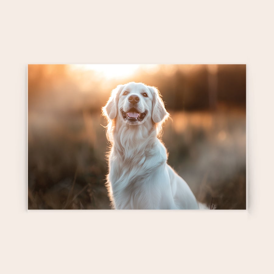 Kuva akryylillä Akryylilevyyn painettu valokuva hymyilevästä golden retrieveristä auringonlaskussa. Kuolenna unohtumattomimpia hetkiäsi ainutlaatuisella tavalla akryylilevyllä!