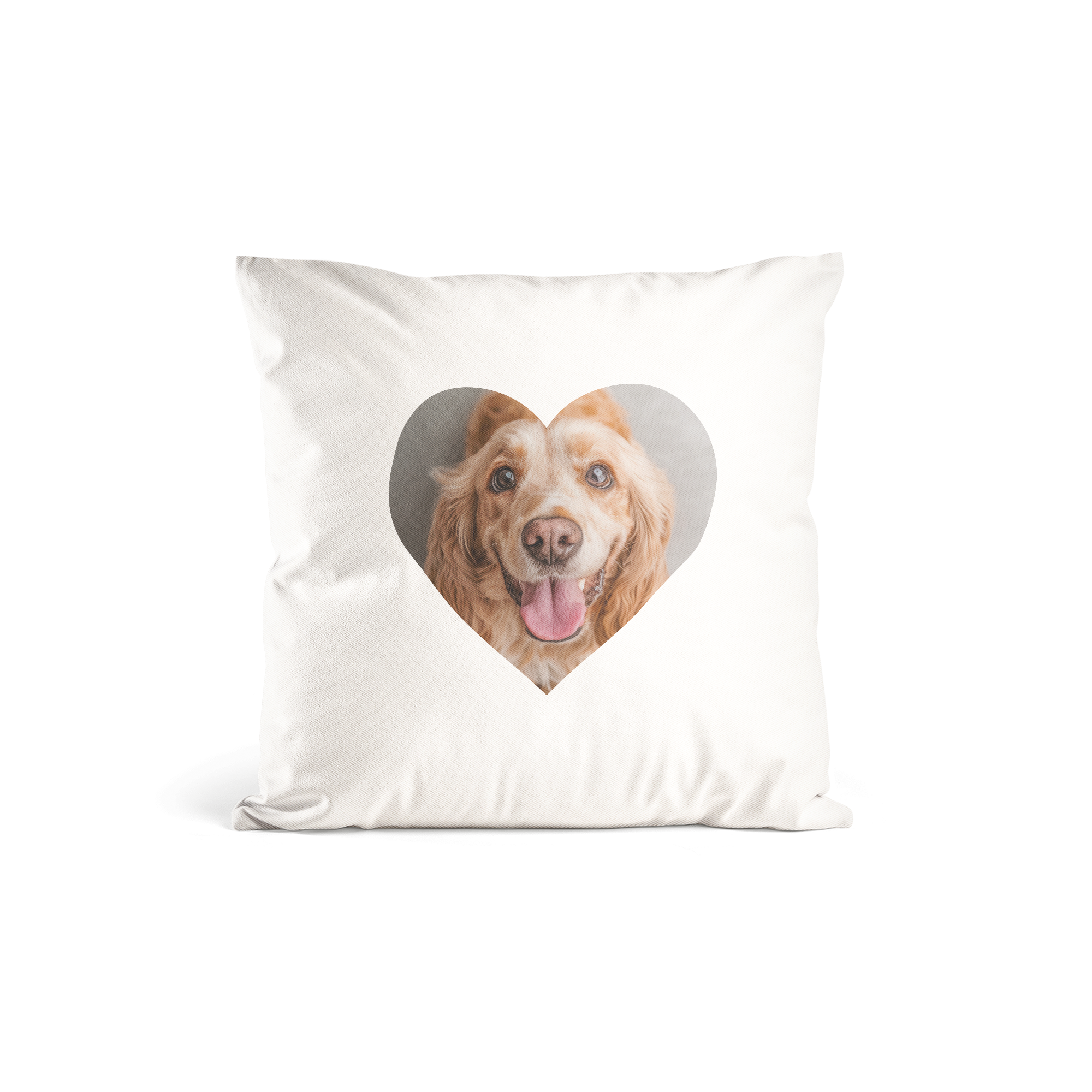 White personalised cushion printed with a heart-shaped photo of a golden dog with its tongue out