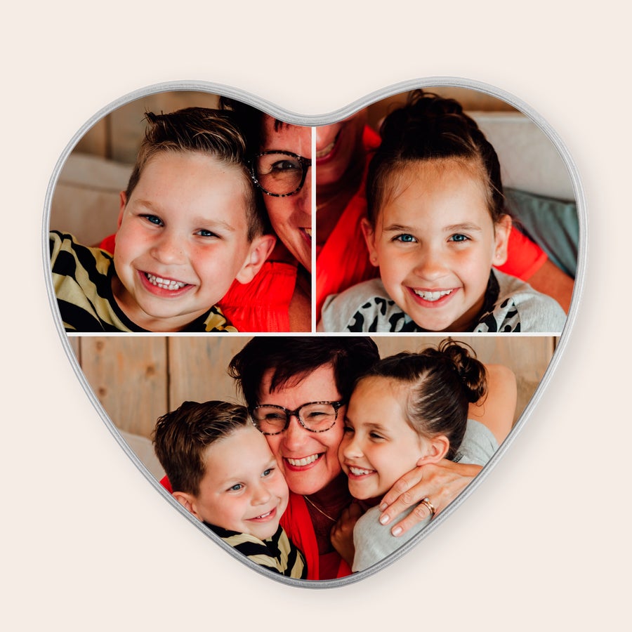 Snoepblik bedrukken Hartvormig snoepblik met foto, bedrukt met een collage van een vrouw en twee kinderen voor je favoriete snoepjes.