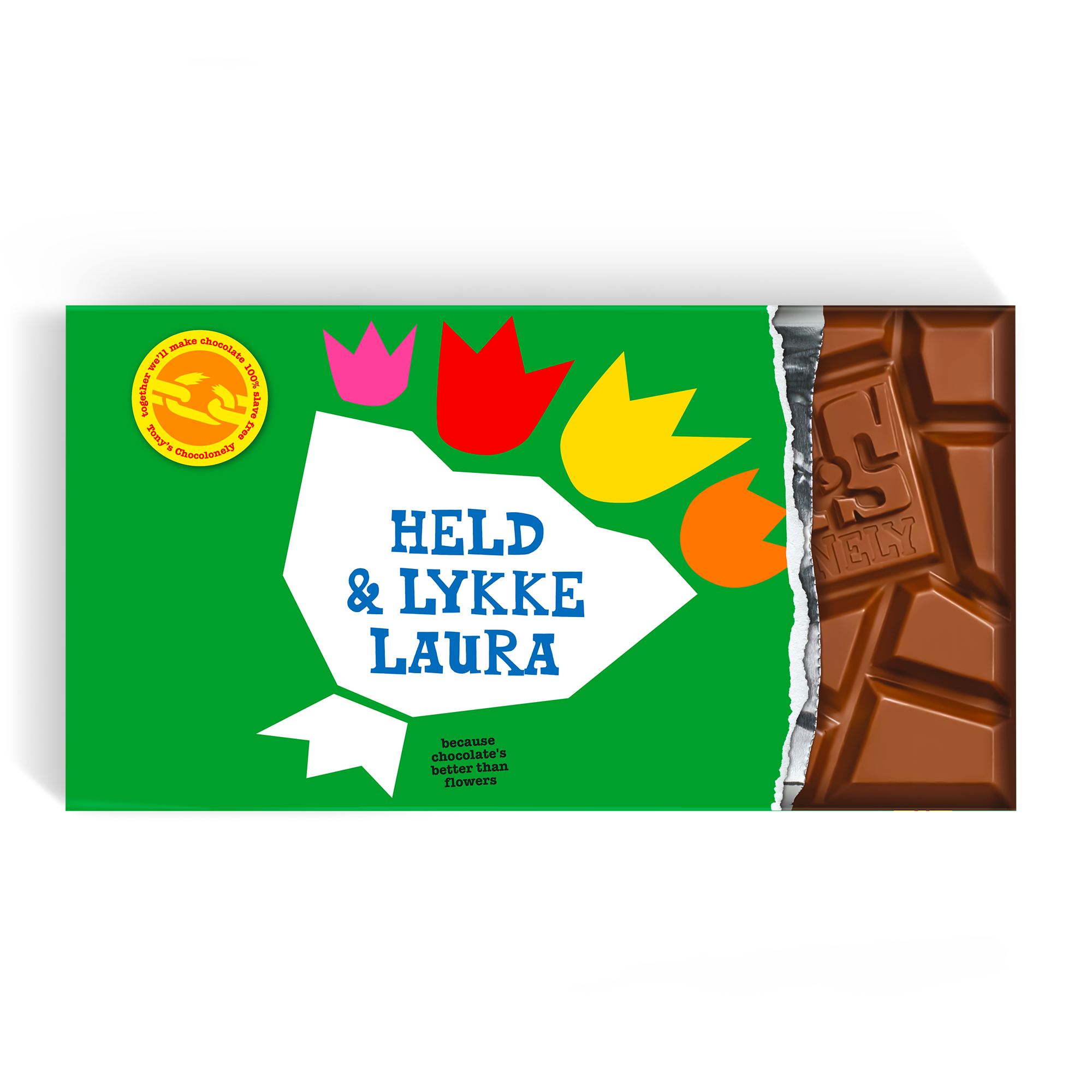 Denne personlige Tony's Chocolonely chokolade i mega format er trykt med navn Laura og har et muntert tulipan design.